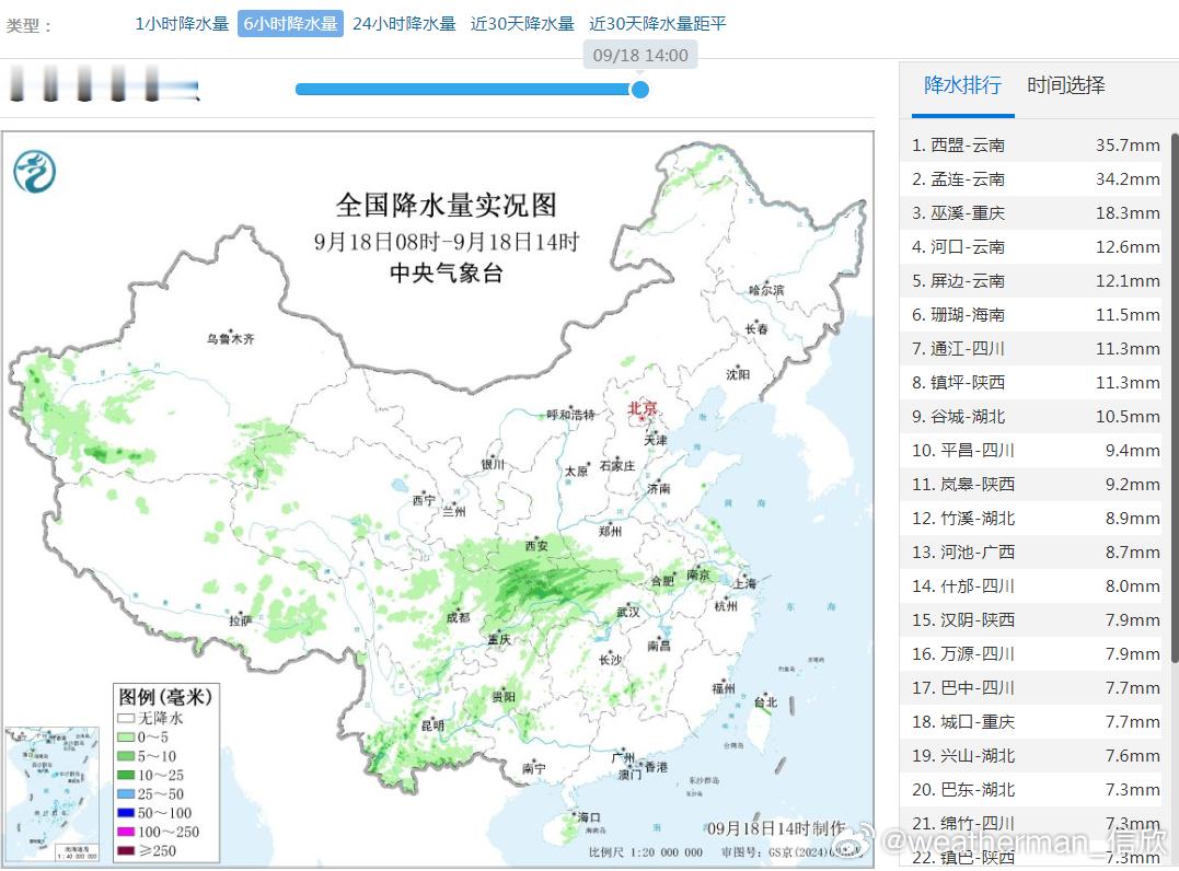 【降水】今天08-14时，我国降水主要出现在新疆西南部、四川东北部、陕西南部、重庆北部、湖北西部、云
