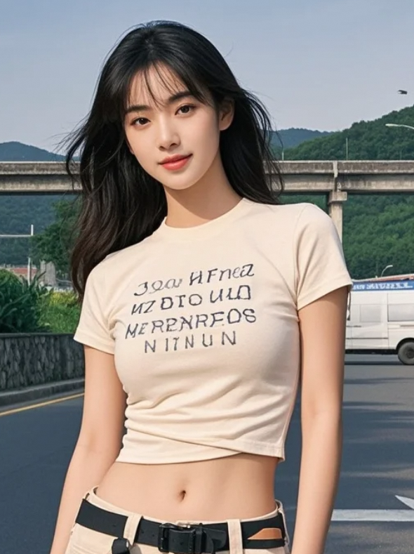 她穿着宽松工装裤+紧身T恤路过，回头一笑直接封神！