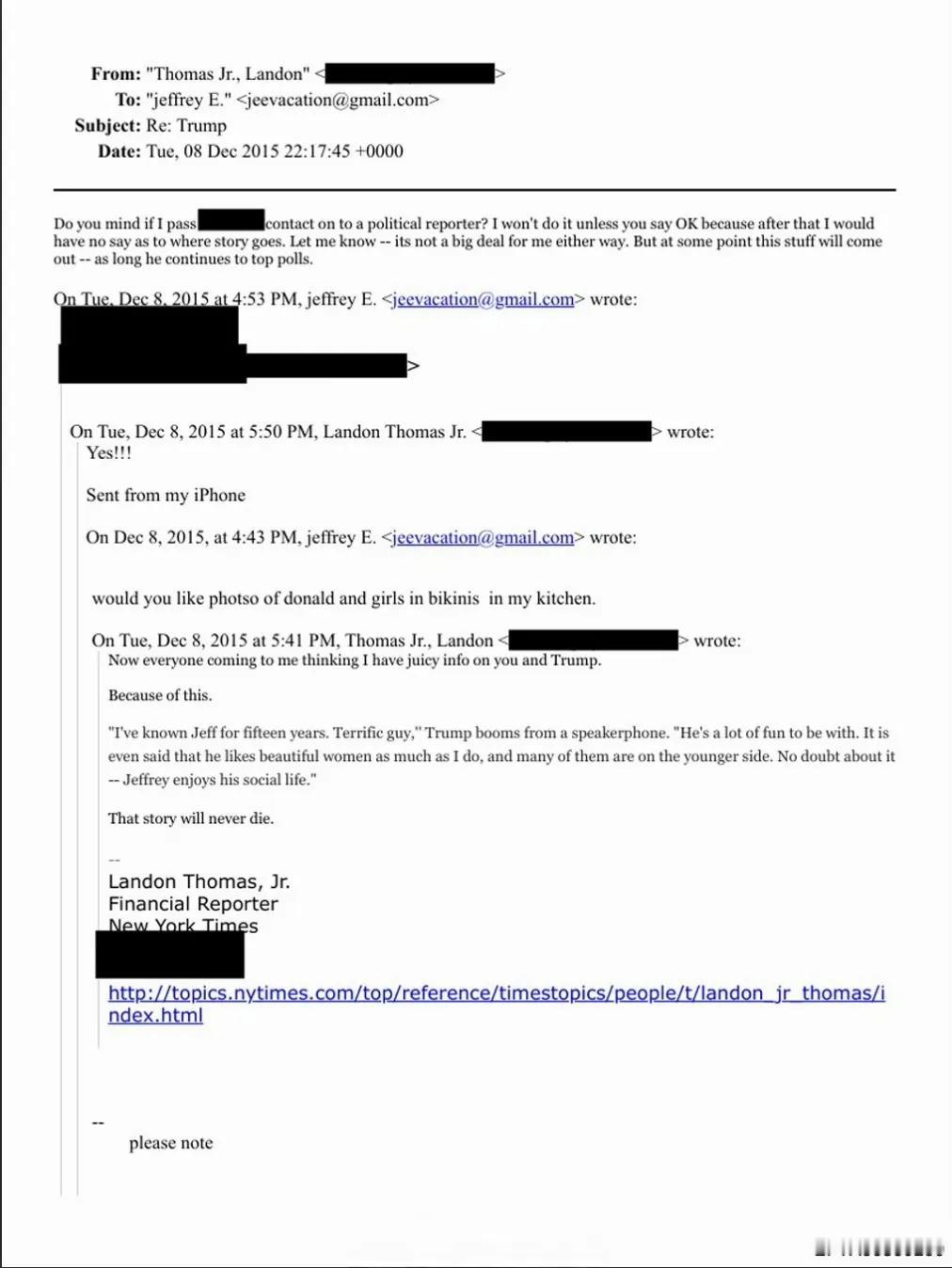 已公布的爱泼斯坦档案中涉及美国总统老特的非常多，其中2015年12月的一份电子邮