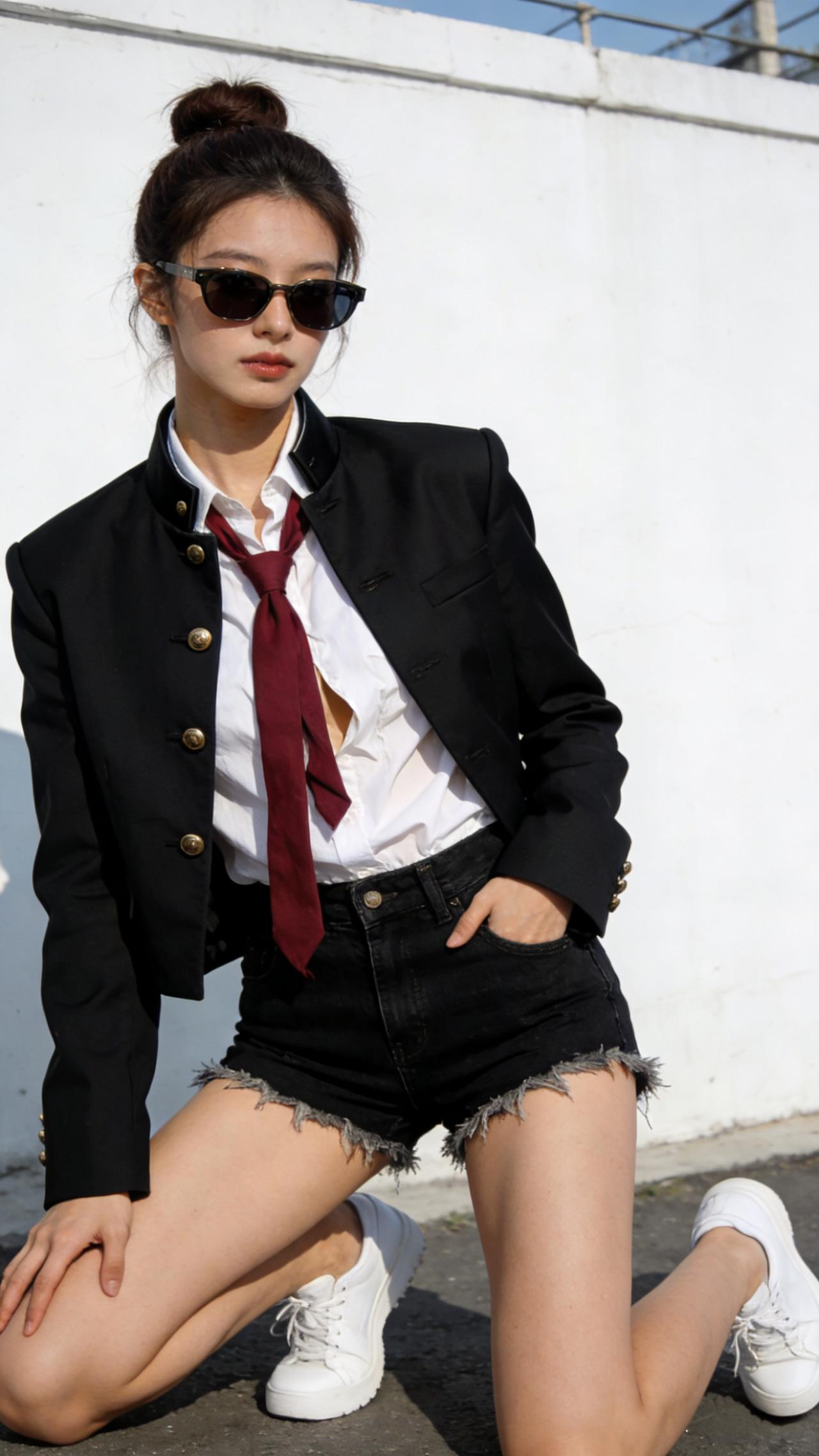 酷炫学院风穿搭，黑制服红领带与黑色短裤的完美搭配，尽显青春活力！😎👗👠有气