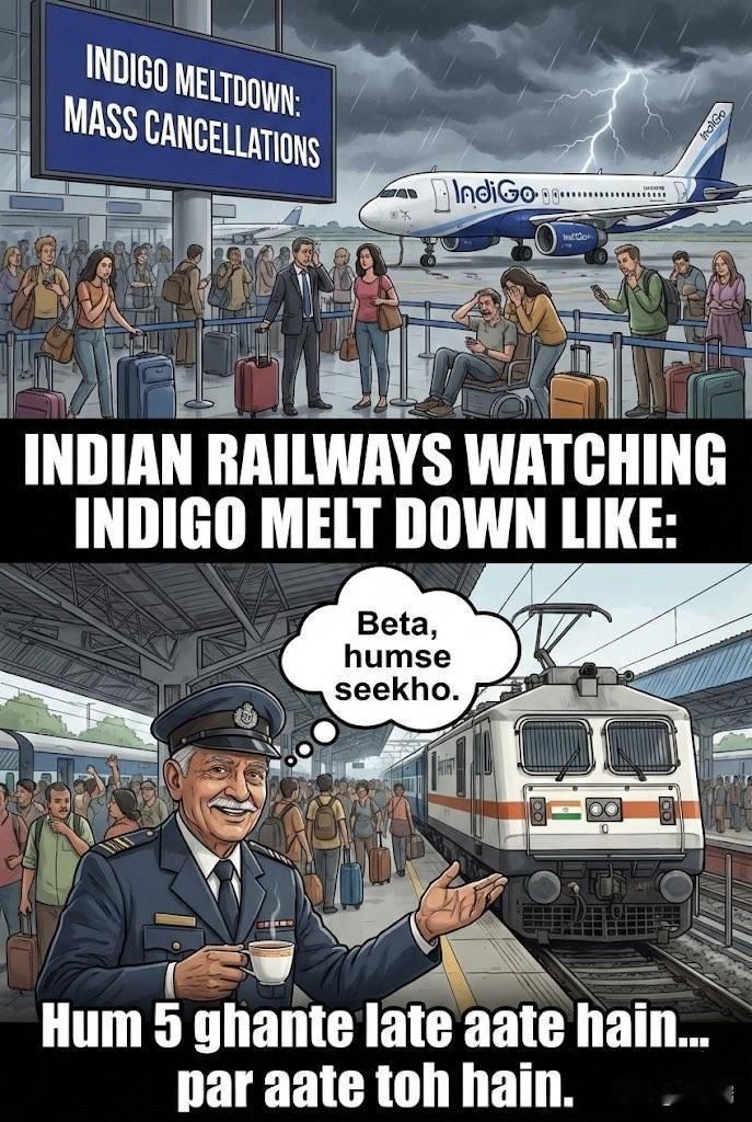 这个梗图是对印度国内航空（IndiGo）近期大规模航班取消事件的评论，并将其与印