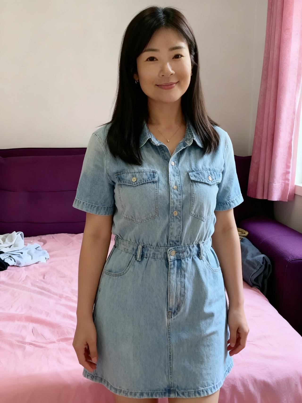 蓝衫轻裹丰腴身，浅笑柔风共入春。一缕垂丝遮素面，时光偷作镜中人。