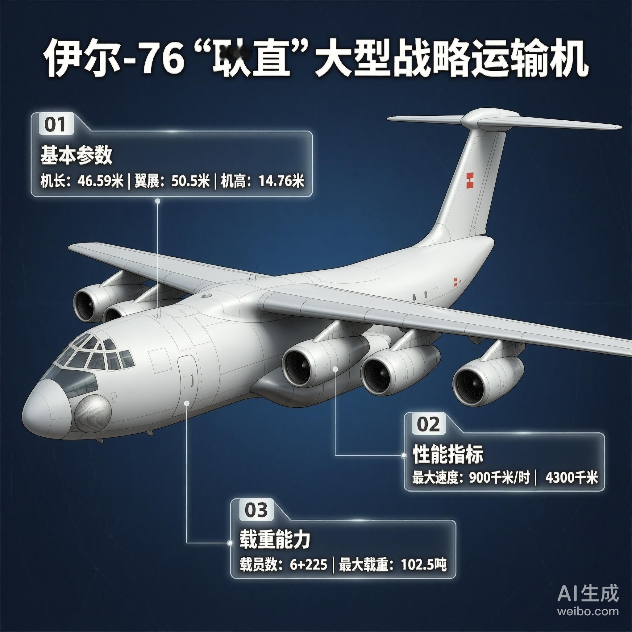 军事ai新视野伊尔-76“耿直”运输机［苏］机长：46.59米翼展：50.5米