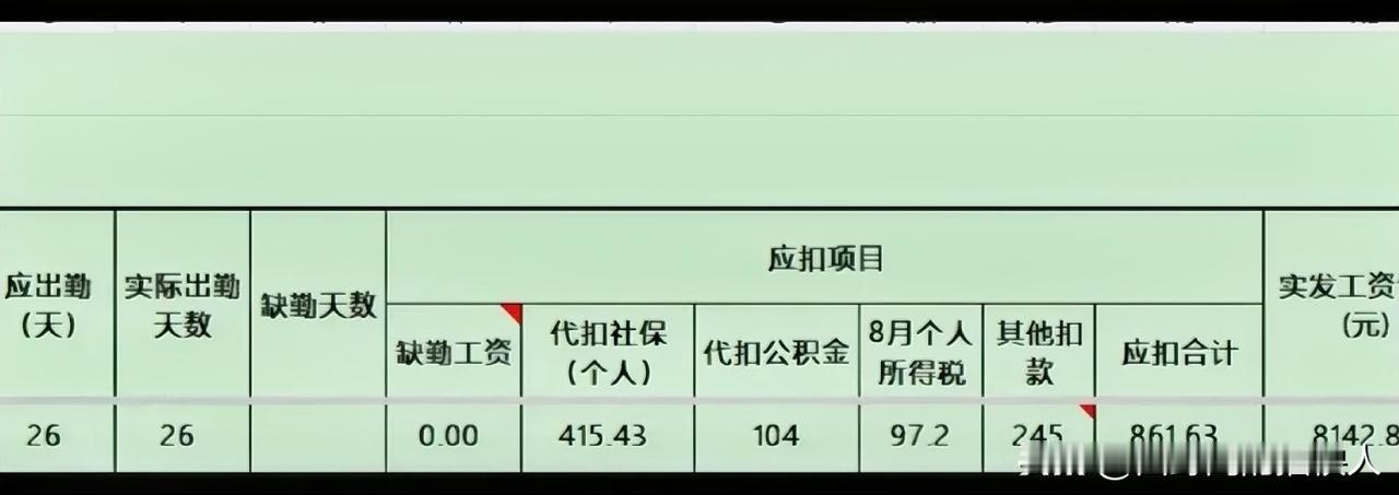 这是儿子的工资条，8月份的工资。03年的小伙子，大专毕业，前年进了一个厂，打杂