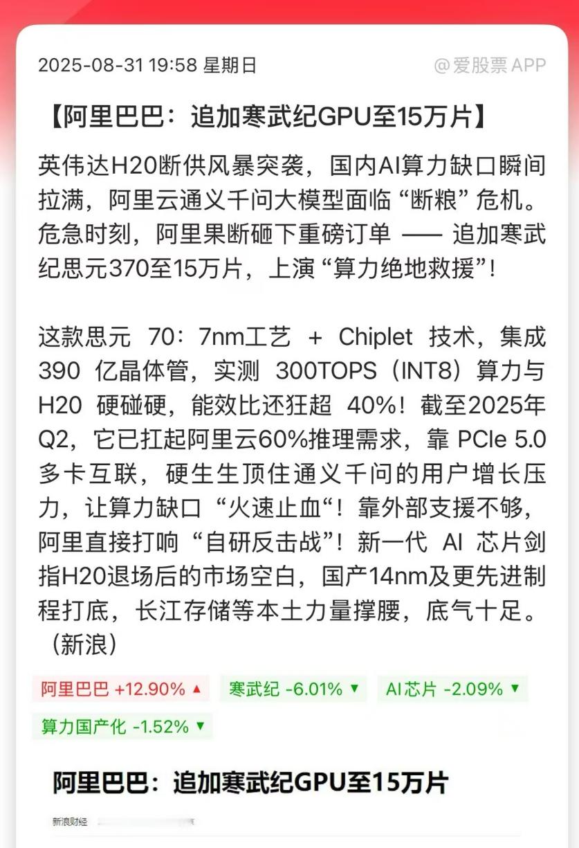 阿里采购15万片寒武纪GPU，解决AI算力缺口。其实阿里是寒武纪的早期投资公
