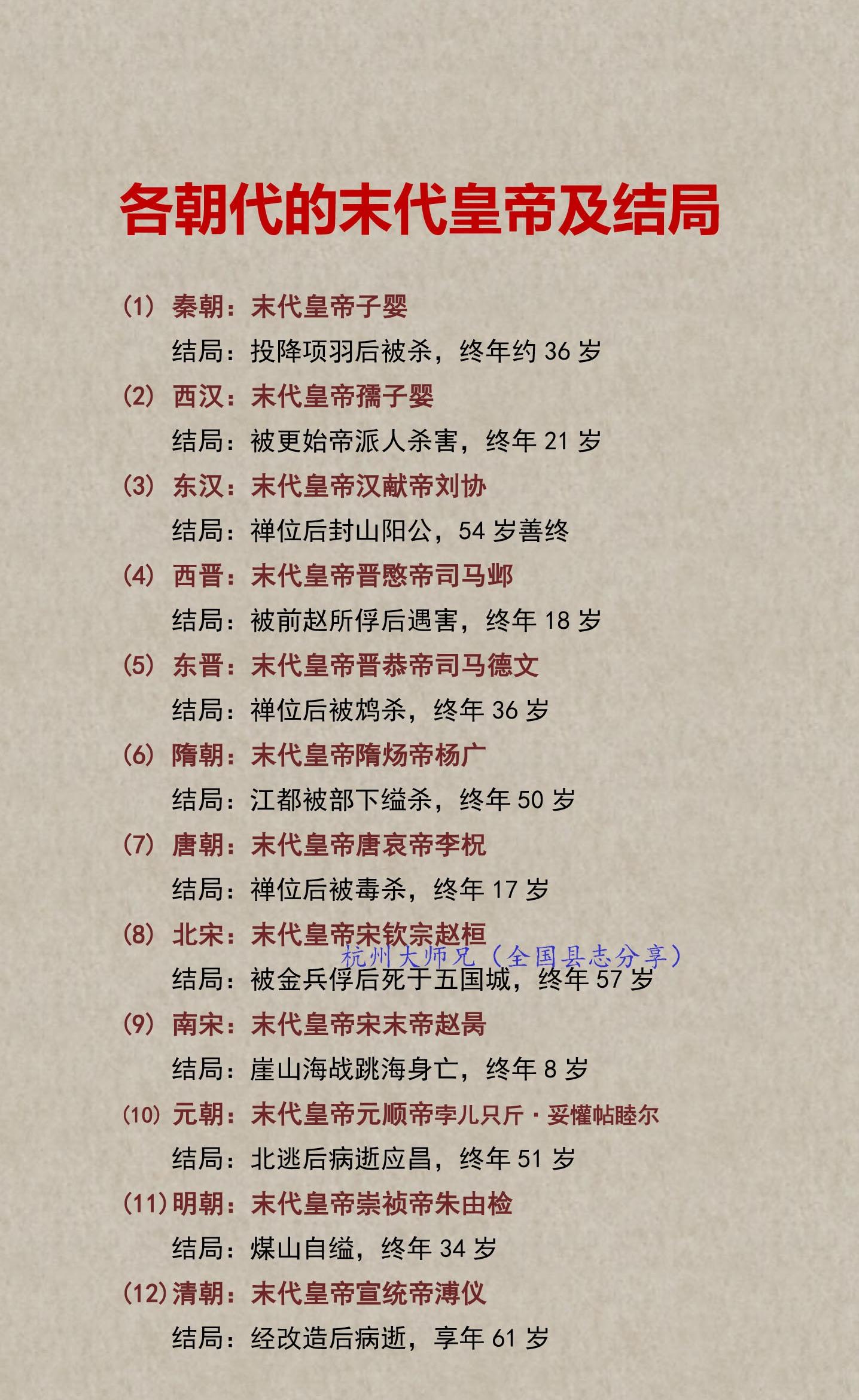 各朝代的末代皇帝及结局