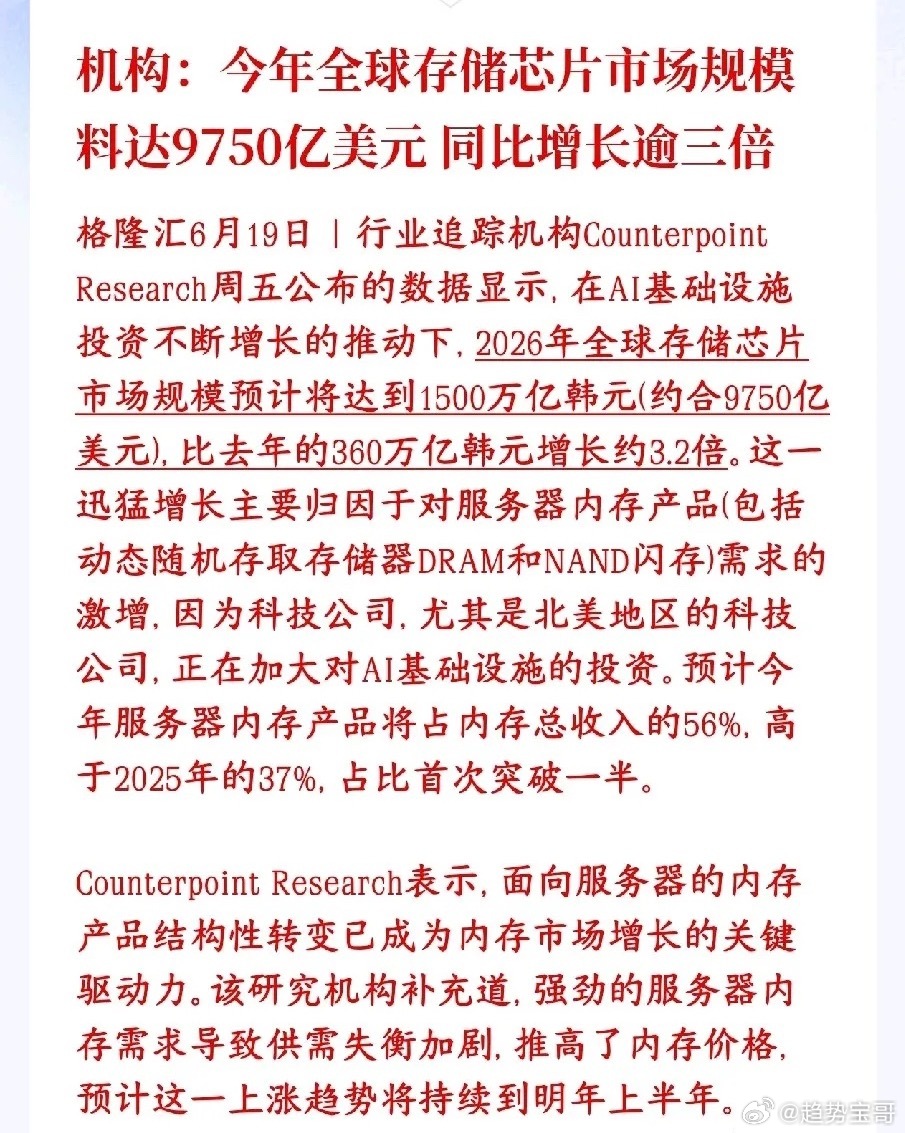 周末，存储芯片又迎来了利好消息，，今年将会破纪录 机构预测：2026年全球存储芯