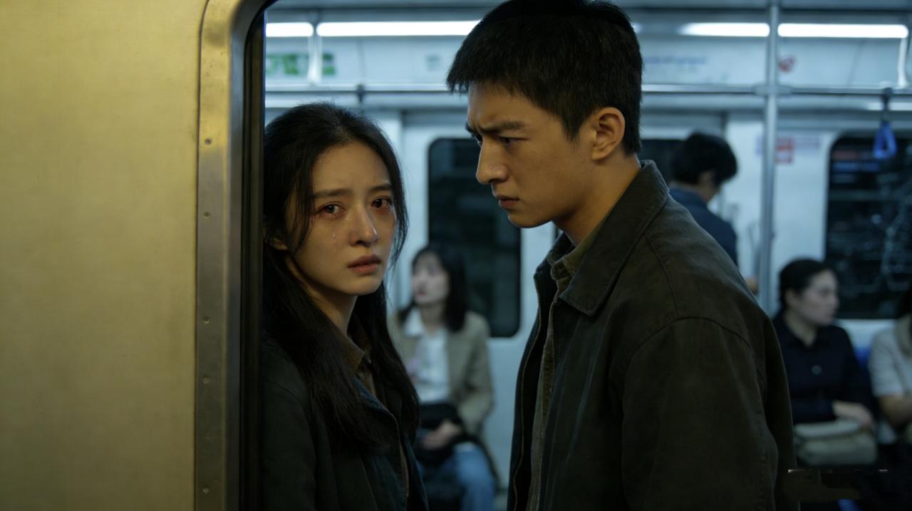 地铁上，一对年轻情侣站在门口吵架。女孩红着眼圈：“你根本就不在乎我！”男孩皱着