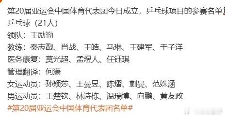 #亚运会国乒参赛名单#2026名古屋亚运会：中国代表团成立，乒乓球教练只有两人随队，如何分配？这次国