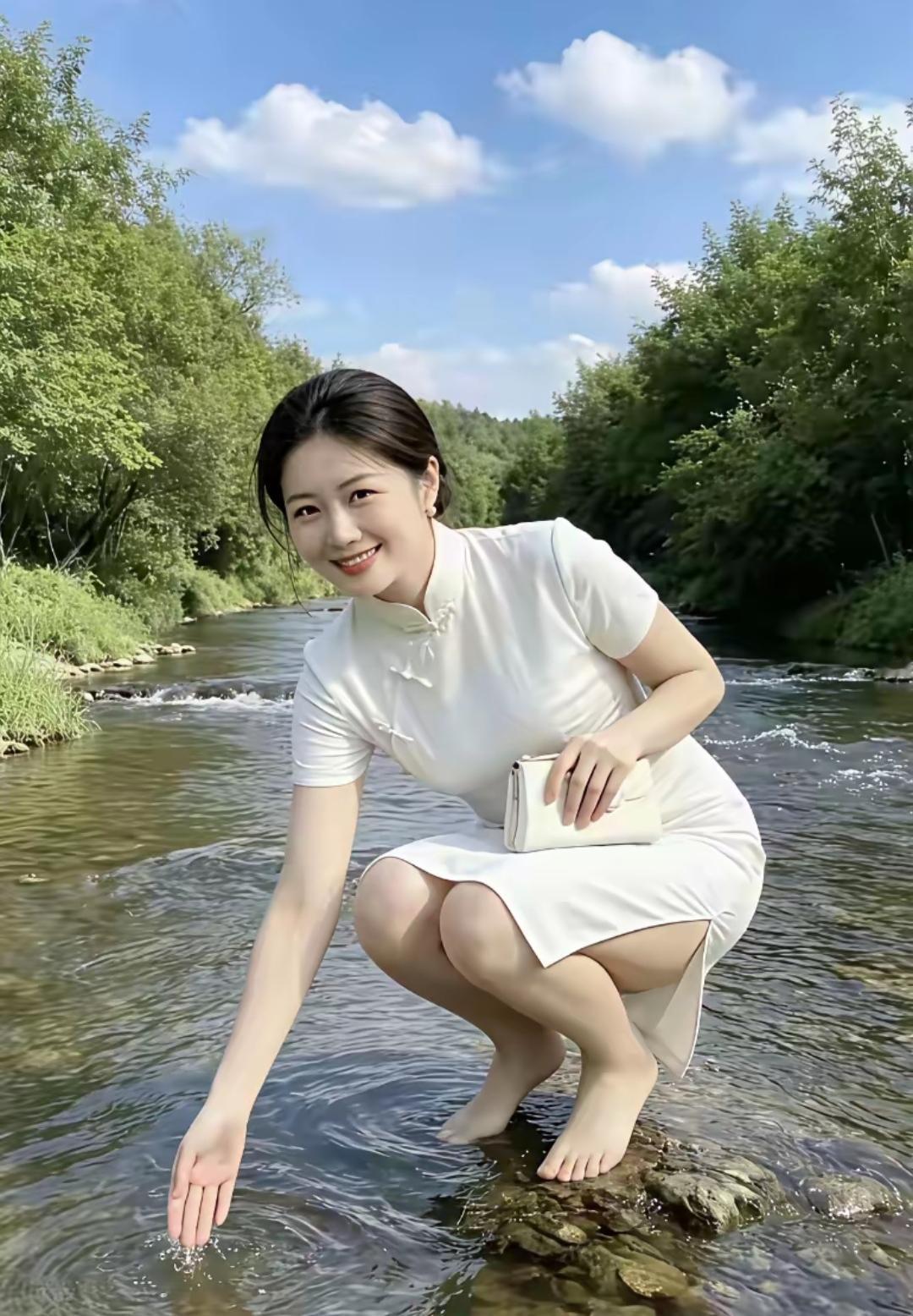 风景如画的山林，清澈见底的溪水，白云飘飘的蓝天，柔情似水的女人。