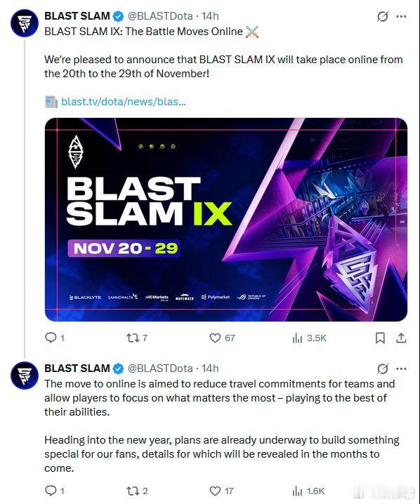 Blast官宣在11月20日-29日的比赛转为线上赛了dota2​​​