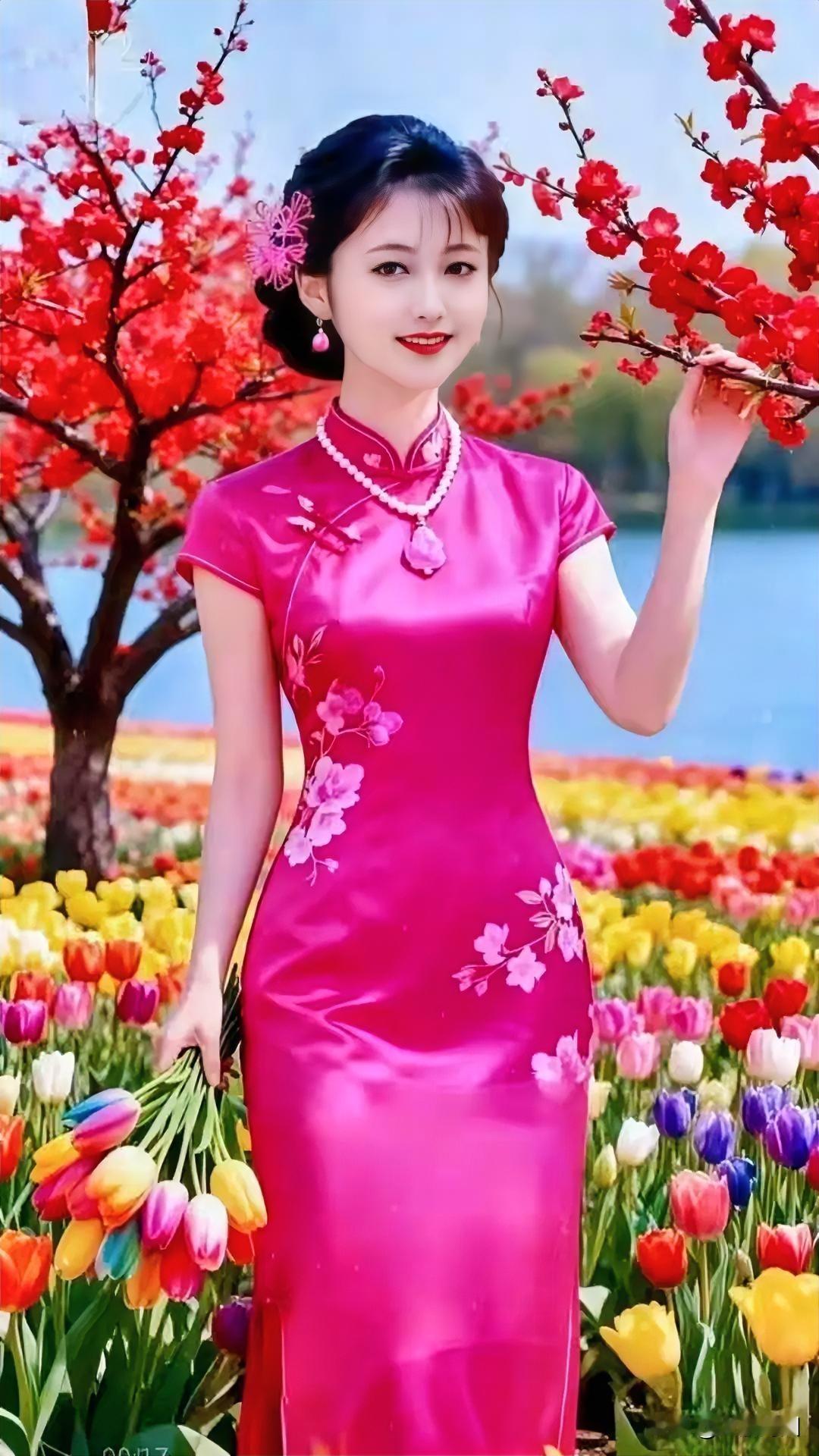 身着旗袍的姑娘于花丛间拍照留念。美女旗袍照旗袍风景旗袍街景照旗袍美人照旗
