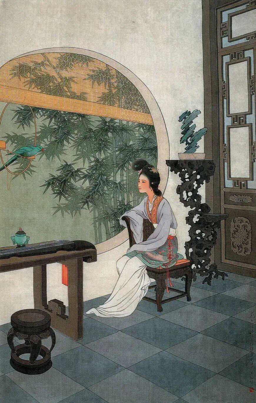 这幅绘画很有意境，一名美丽女子静静地望着窗外的竹林，若有所思。
