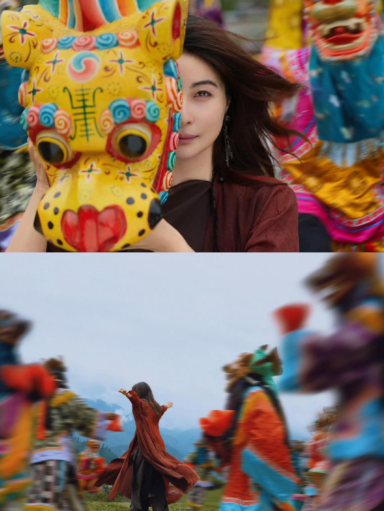 郭晶晶去九寨沟拍了一组杂志大片，她抱着麦穗站在九寨沟清澈又美丽的湖水面前，她身穿