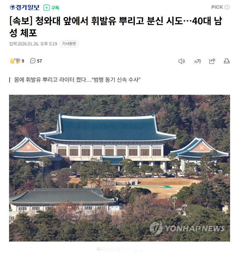 【韩国40多岁男子在青瓦台门口试图自焚被逮捕】海外新鲜事热点现场一名在青瓦台春