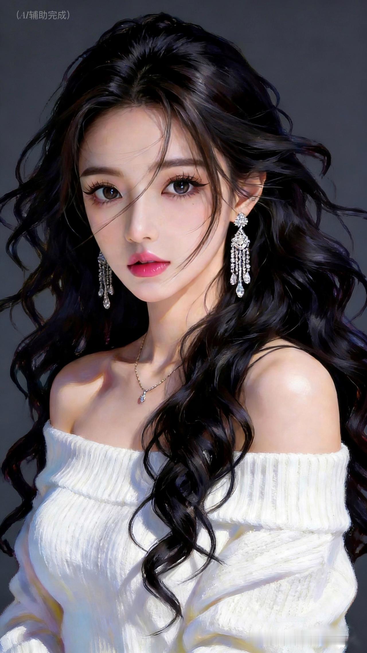 乌发卷浪垂肩漾柔光，白露肩毛衣裹雅姿。钻石耳坠流苏链添亮，眉眼含情眸亮如星，红唇
