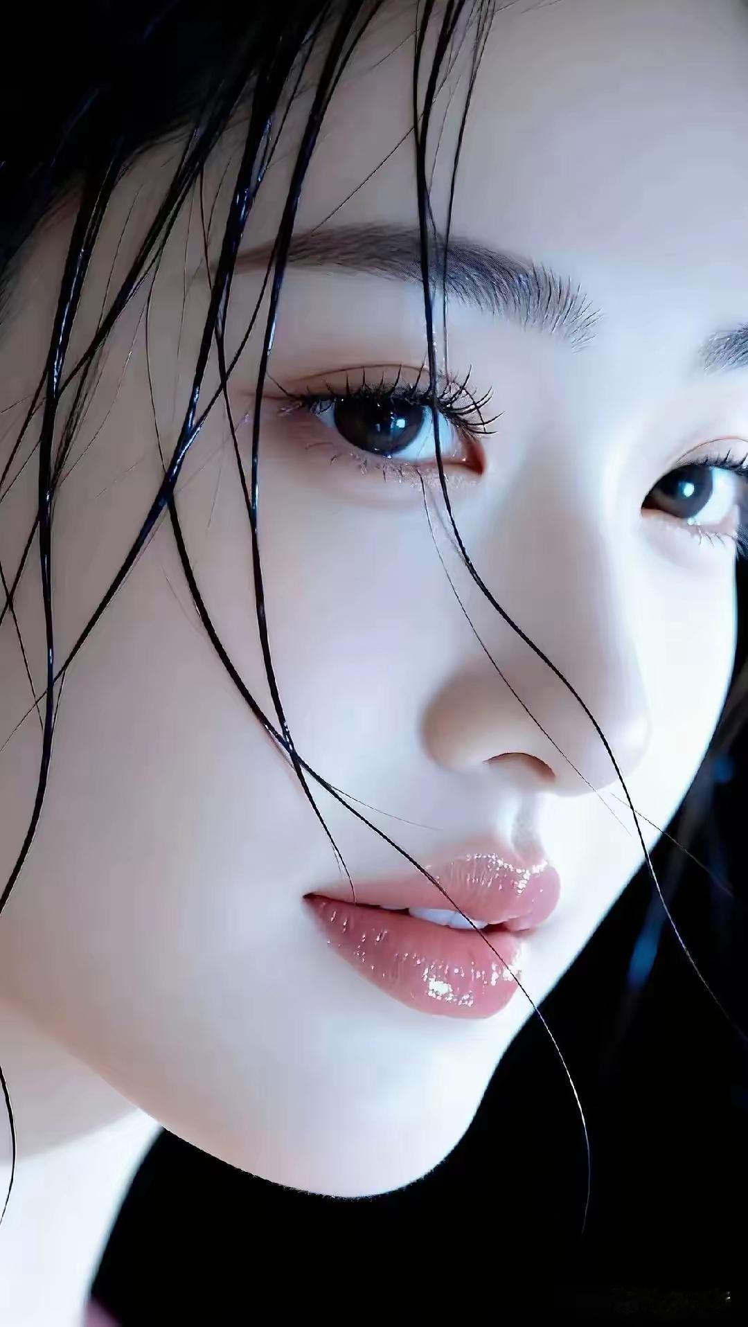 梦幻般的少女面孔，湿漉漉的黑发，温柔眼神，唯美动人。🌺🍀🌈