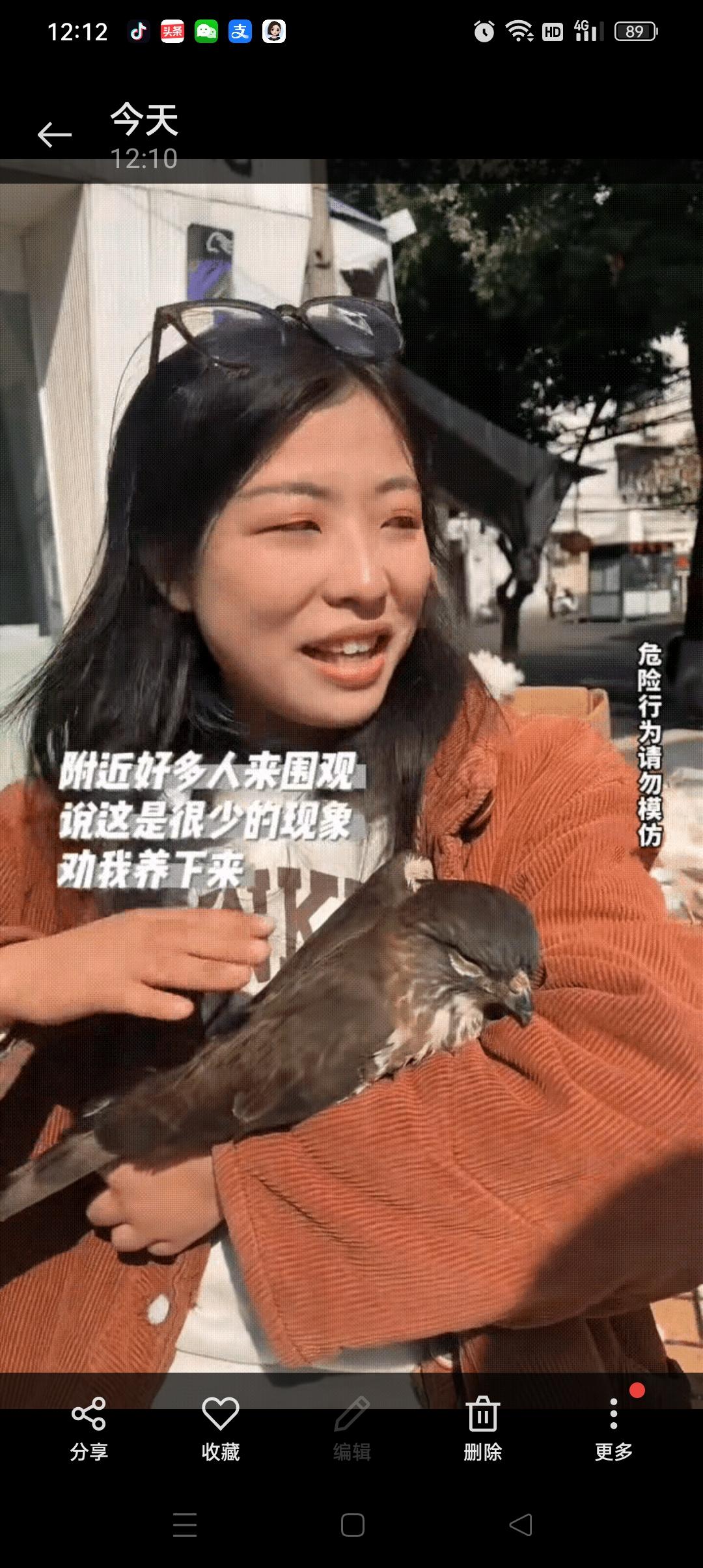 女子正在外边晒太阳，—只大鸟突然飞进了她的怀里，本来以为受伤了，可全身检查了一下