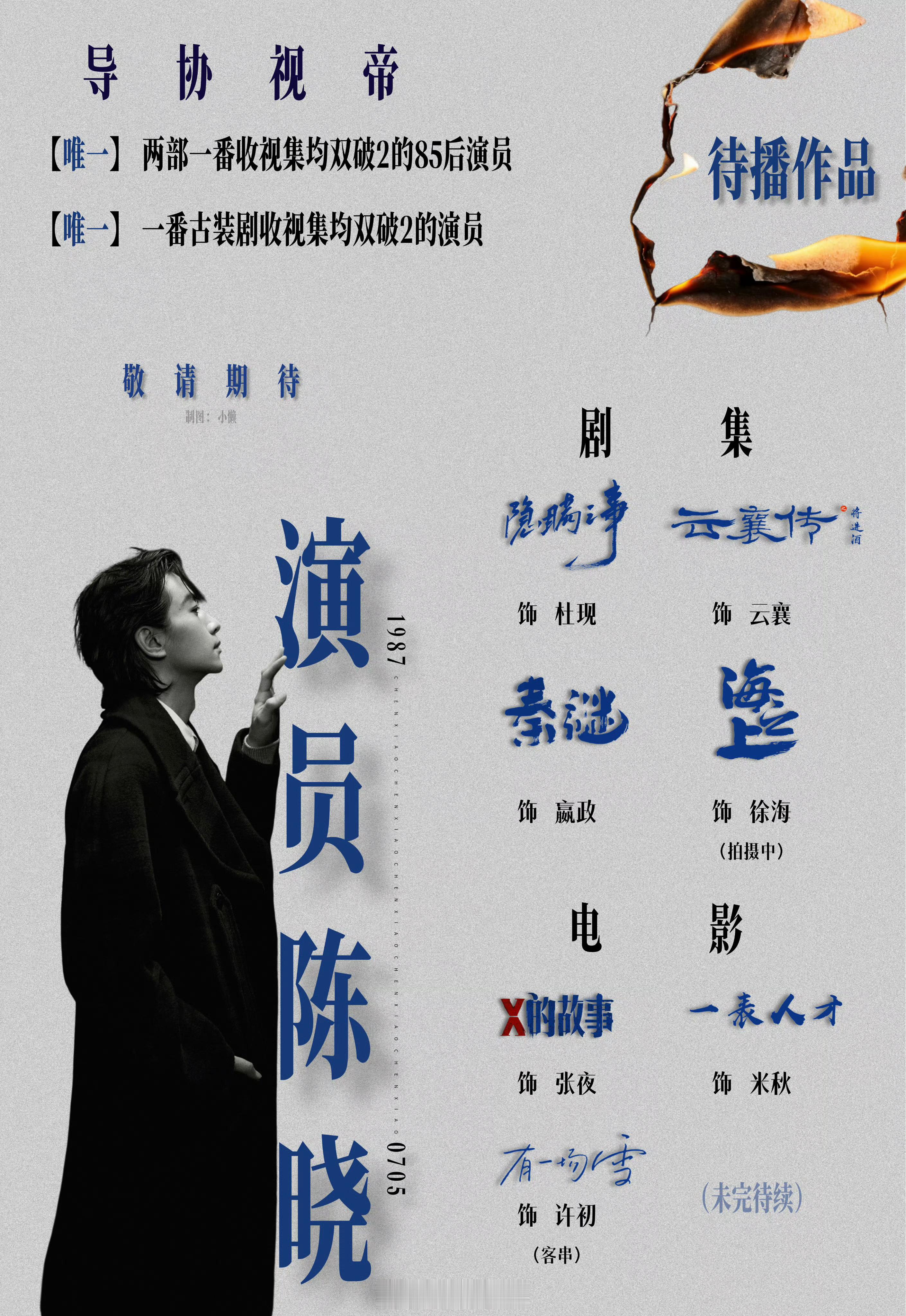 祝大帅哥陈晓生日快乐，演技出众、作品扎实，期待待播作品早日上映播出，收视长虹。