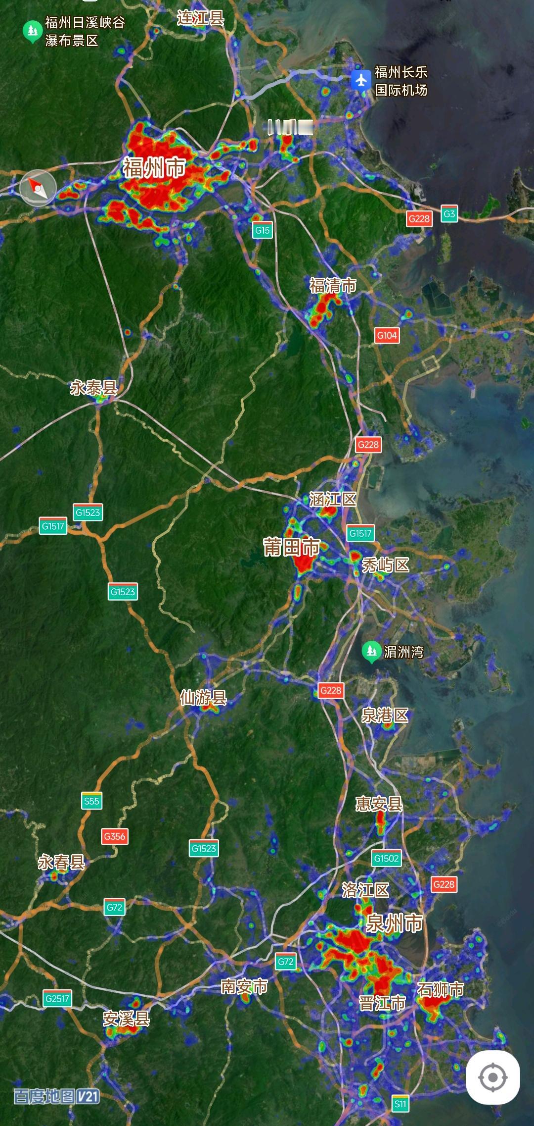 虽然福州与泉州的常住人口数量都是800万左右，但是从城市热力图看大家会感觉到泉州