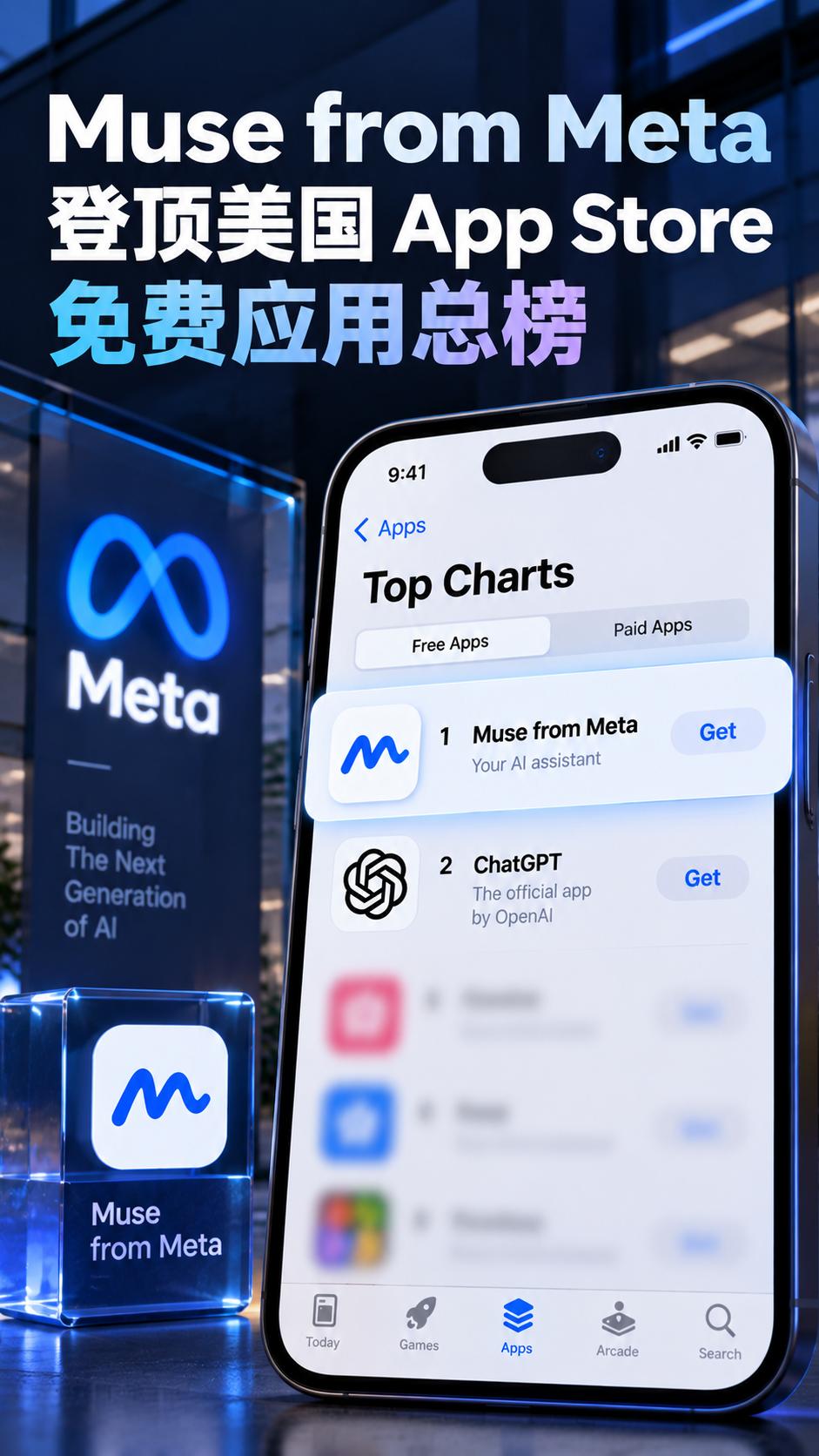 Meta新AIMuse冲上美国AppStore免费榜第一，12天下载跑过早期