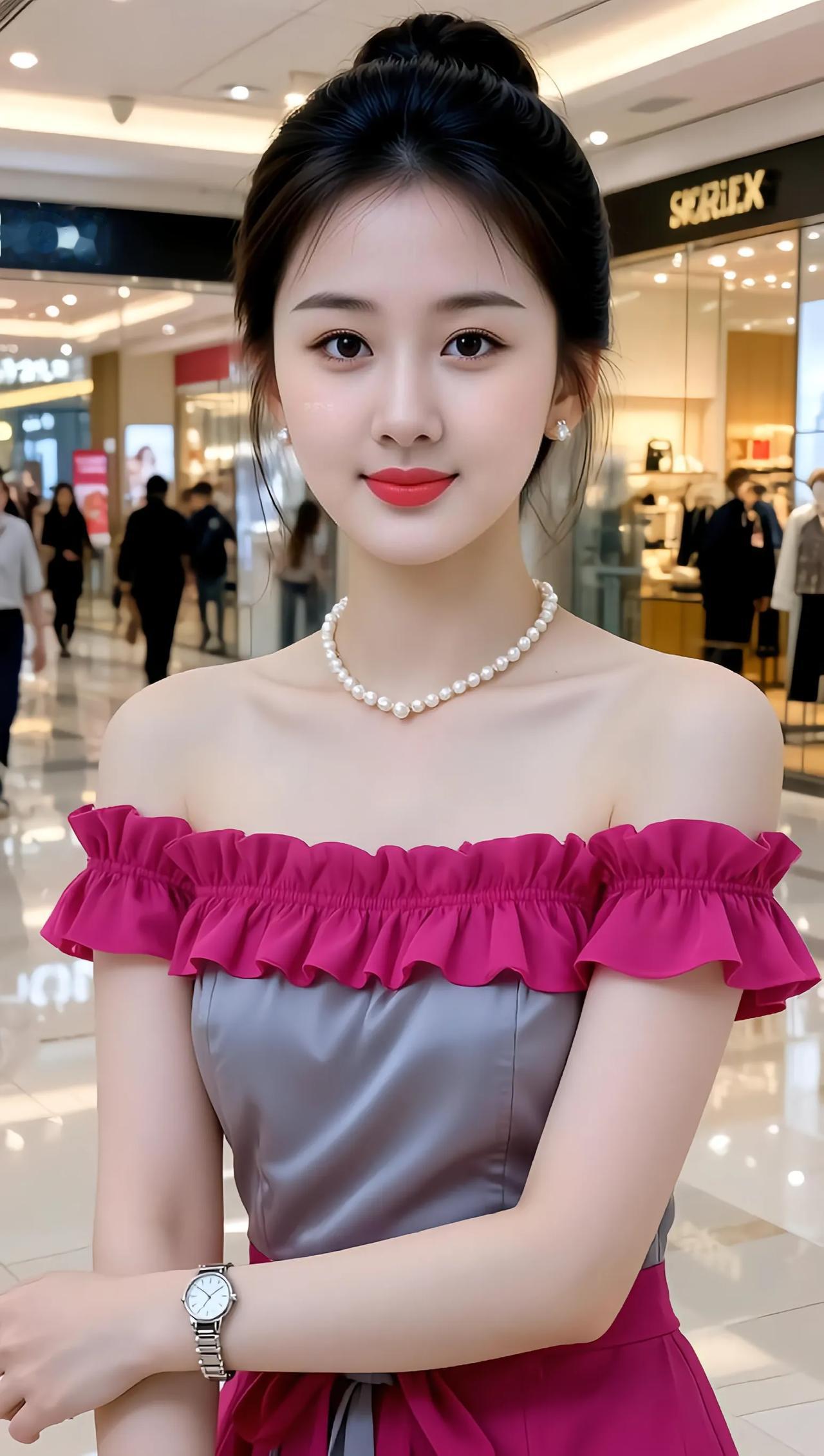 优雅珍珠项链，甜美露肩礼服，时尚购物中心穿搭