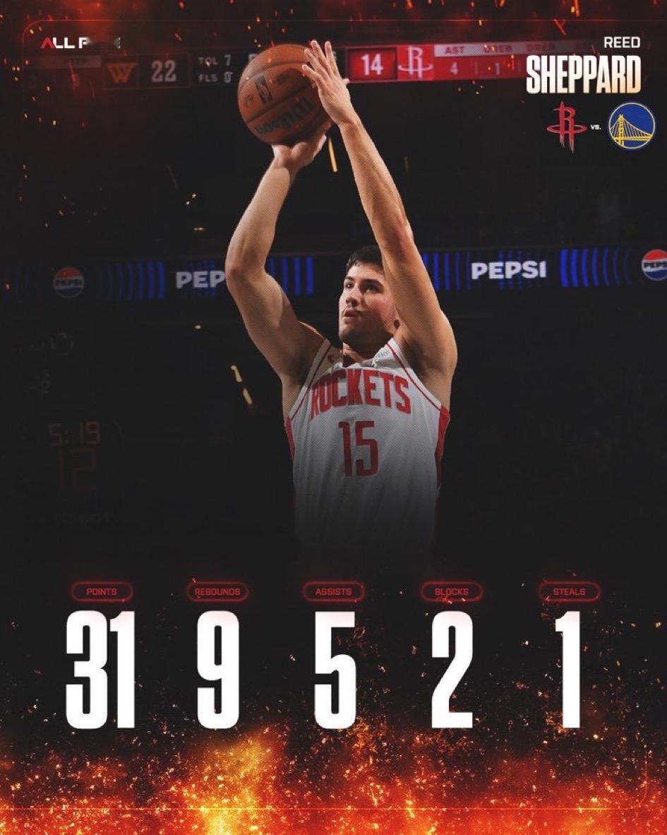 火箭险胜，谢泼德立功！他成为火箭队历史上第二年轻的单场得分超过30分、抢下超