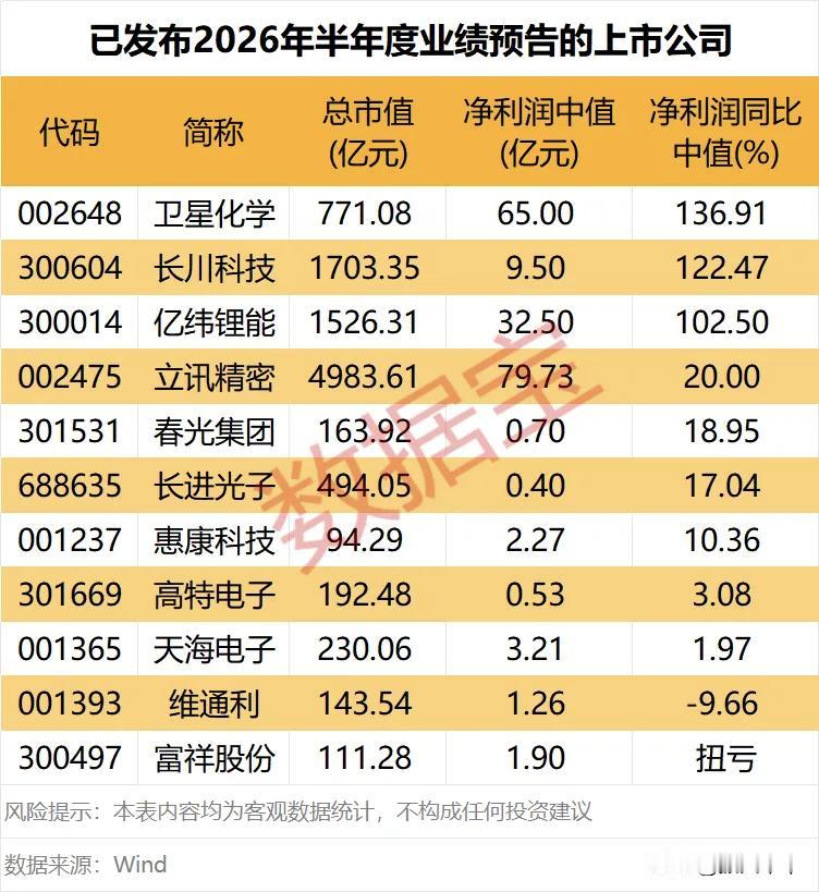 已发布2026年半年度业绩预告的上市公司！