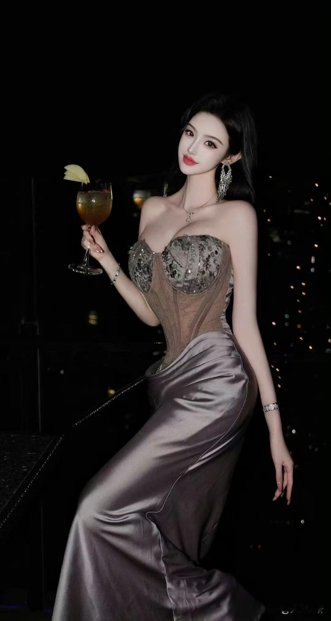 夜色中的优雅，香槟与晚礼服的完美结合。