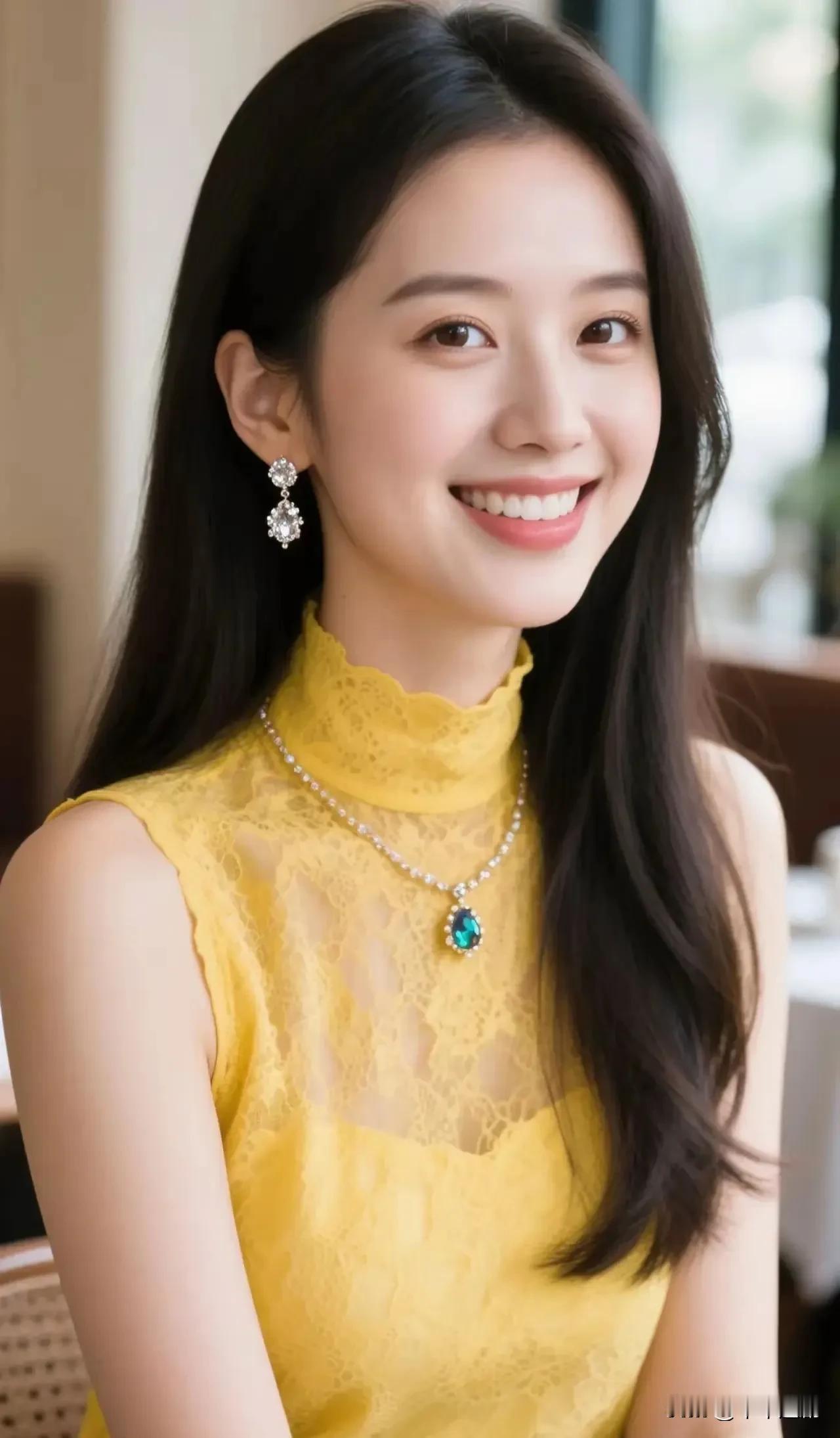 明黄蕾丝轻裹，宝石与碎钻相映，笑意里藏着恰到好处的精致与温柔。温柔风蕾丝长裙