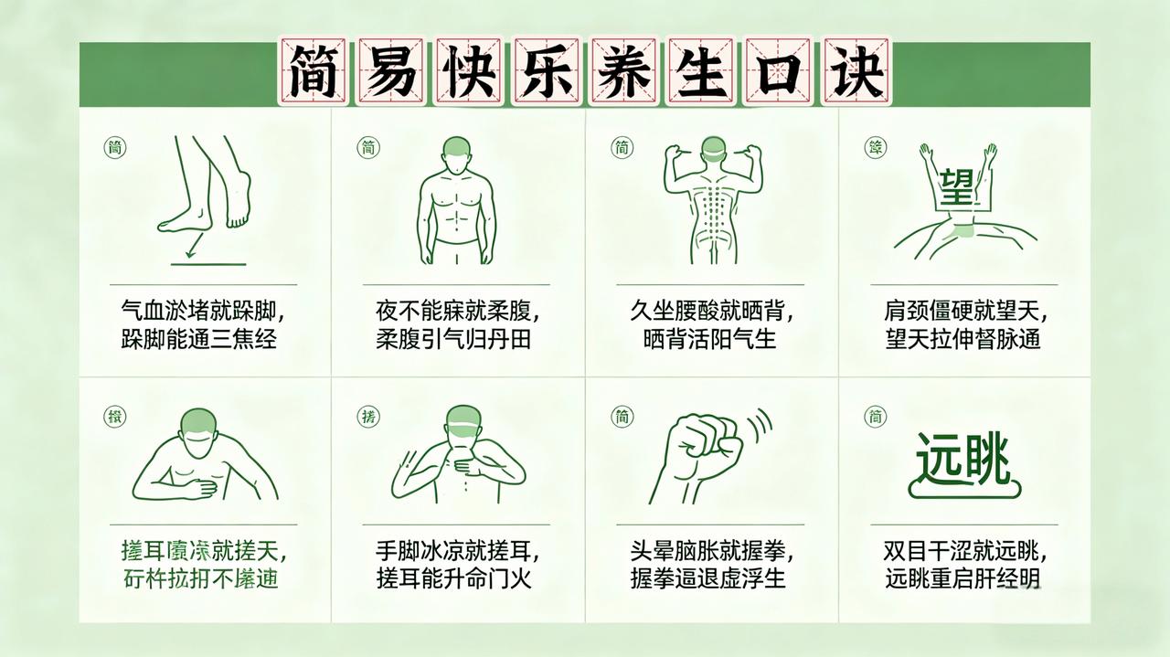 简易快乐养生口诀（1）气血淤堵多跺脚，疏通三焦气血畅！（2）夜卧不宁勤