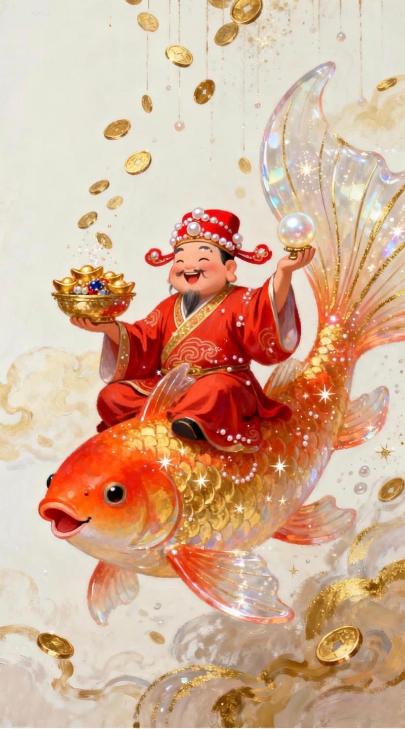 ​财神乘鲤行，财运永亨通，吉祥伴君行沐风书画绘画