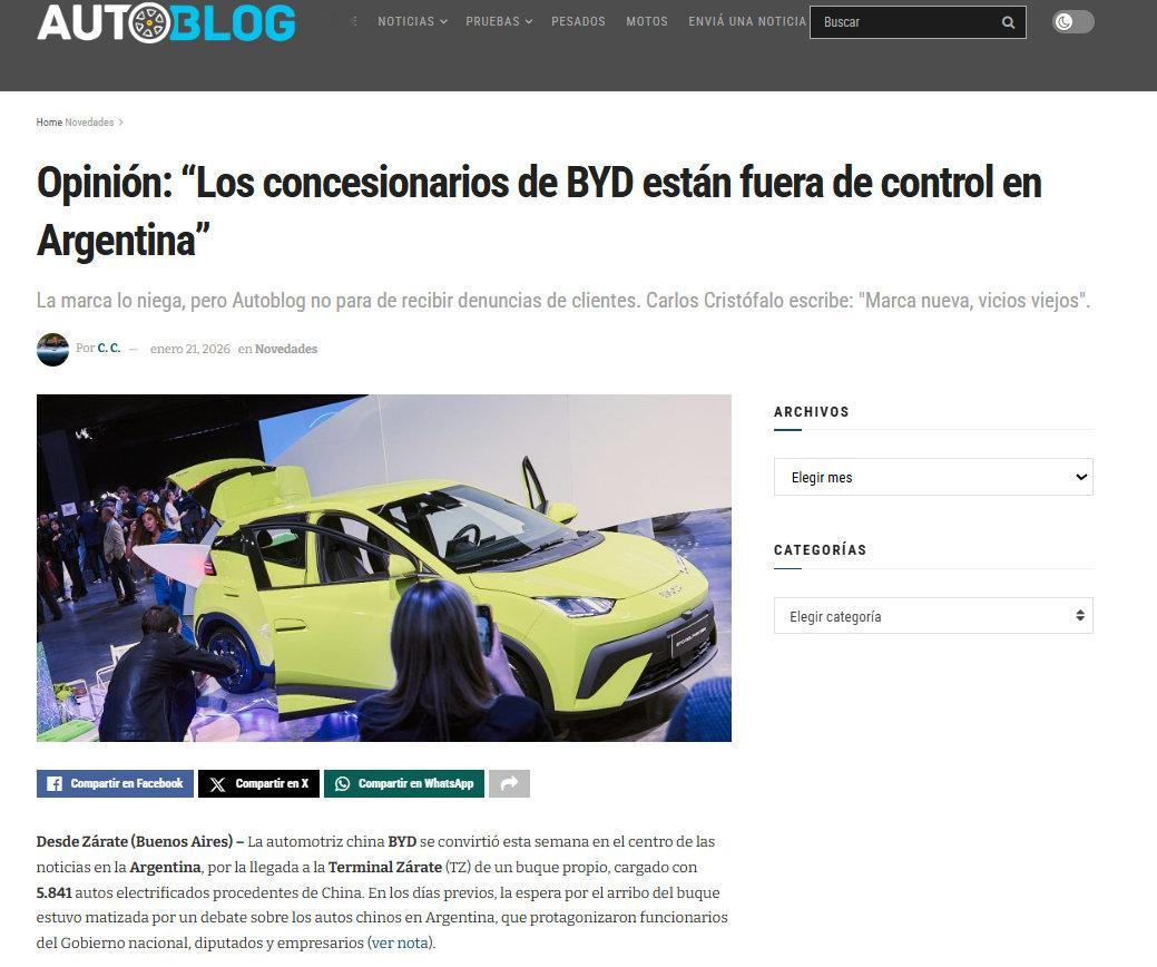 最近，阿根廷媒体报道了一些关于比亚迪经销商在当地运作的情况，并形容其呈现出一种“