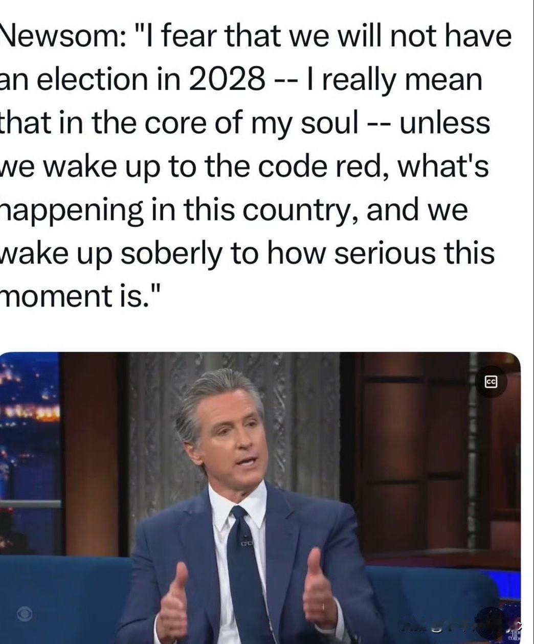 加州州长Newsom(纽森)在Colbert(科尔伯特·脱口秀主持人)晚间节目演