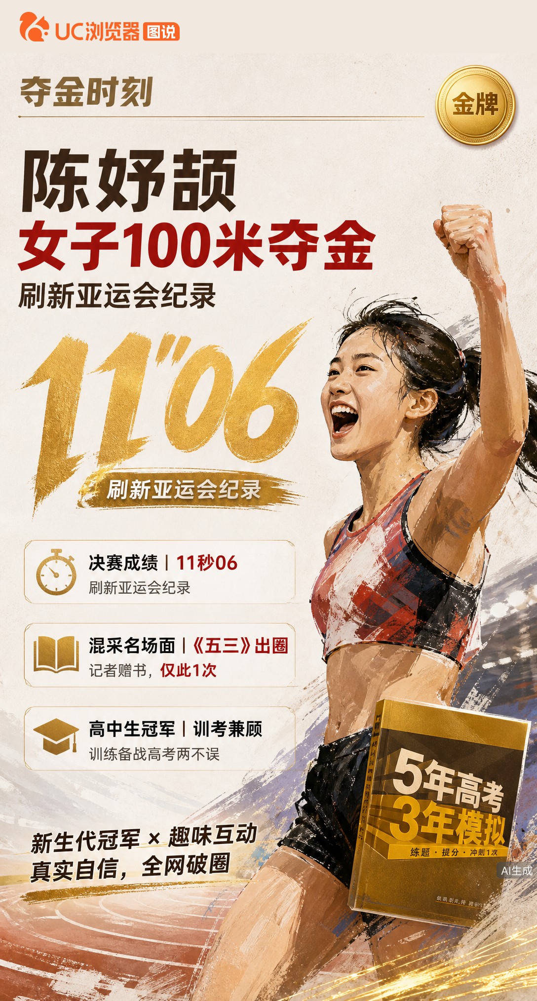 11秒06破亚运纪录夺金！高中生陈妤颉赛后收到《五三》，送书的是记者不是汪顺。赛道刷新纪录，混采区玩