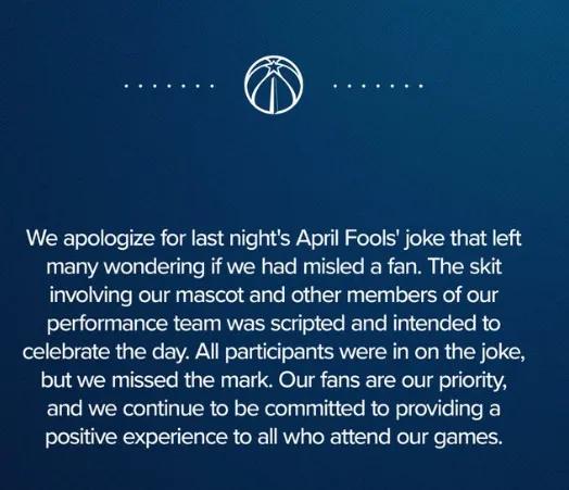 奇才官方道歉声明：就昨晚愚人节玩笑可能导致的误导道歉4月03日讯，在愚人节过后