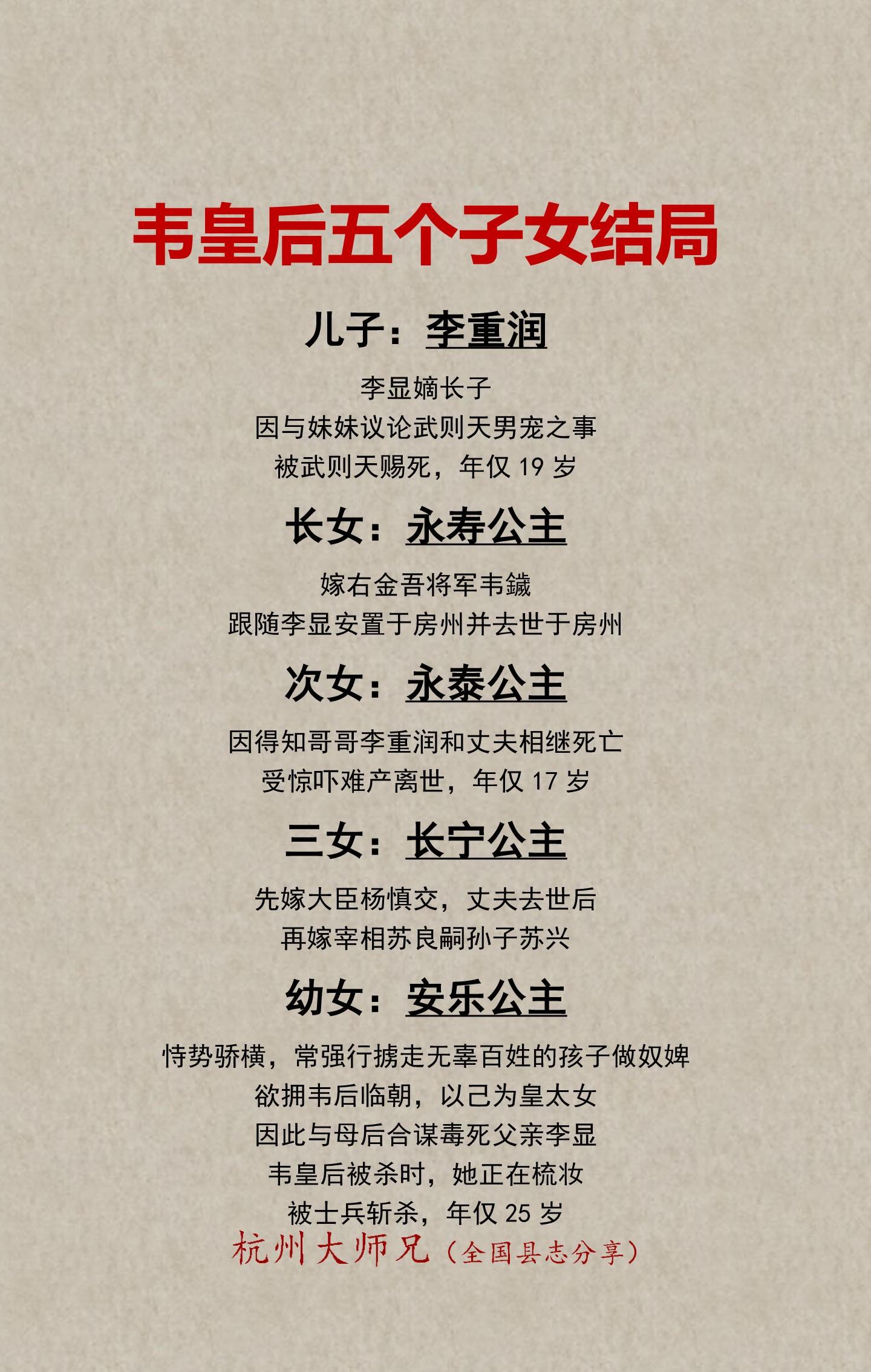 韦皇后五个子女的结局！