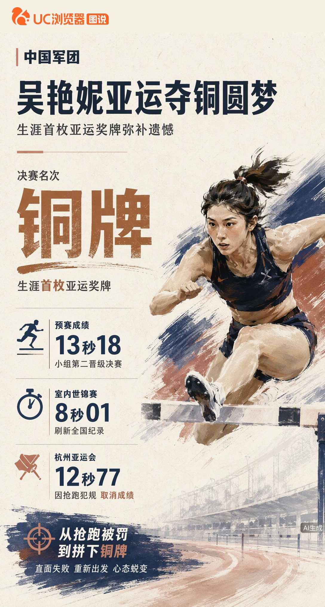 从杭州抢跑被罚到名古屋拼下铜牌，吴艳妮终于站上亚运领奖台。这枚奖牌弥补了遗憾，更见证了她跨越心理障碍