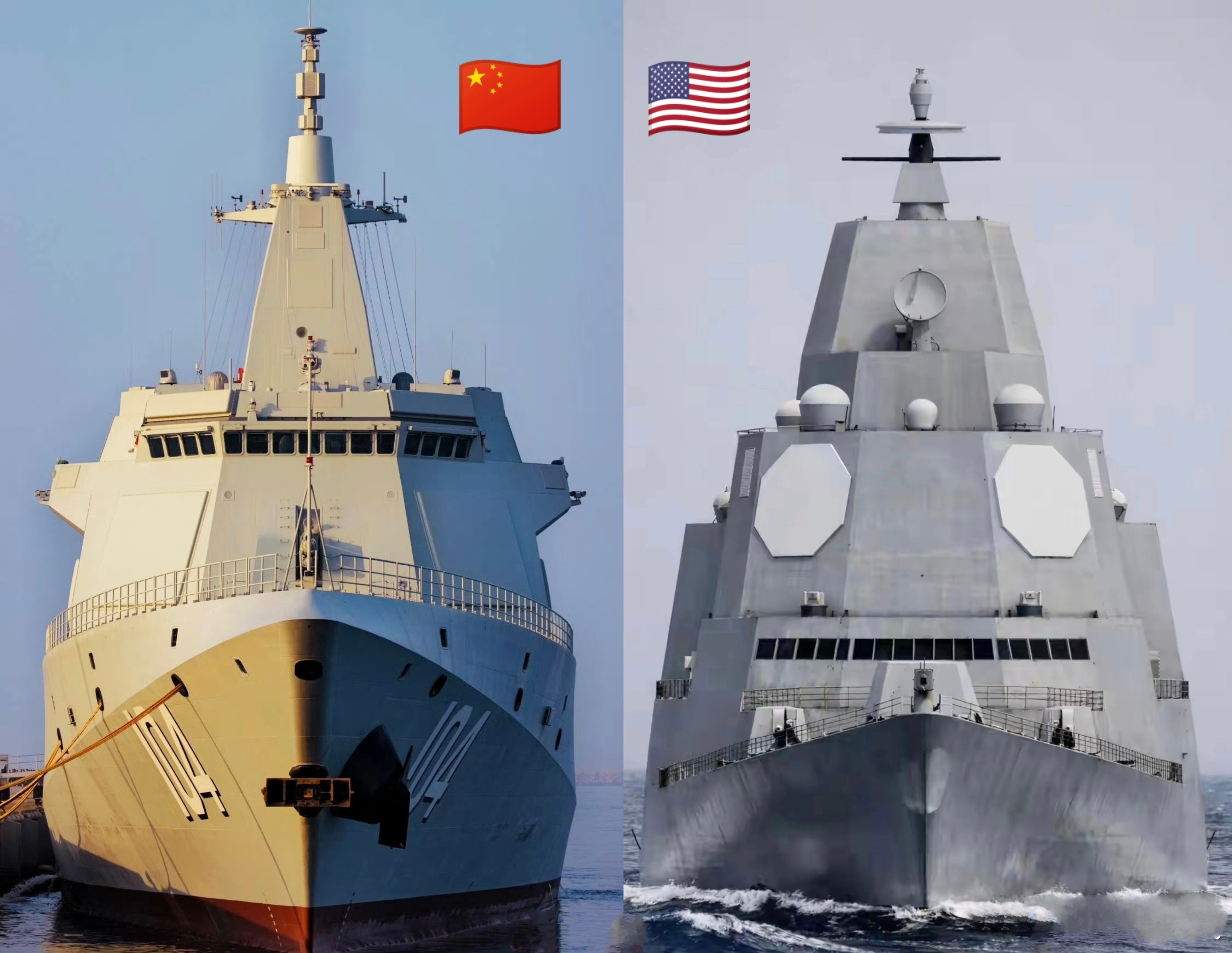 中国万吨大驱VS美国PPT战列舰！左边的已经批量列装，而右边的能不能造出来还