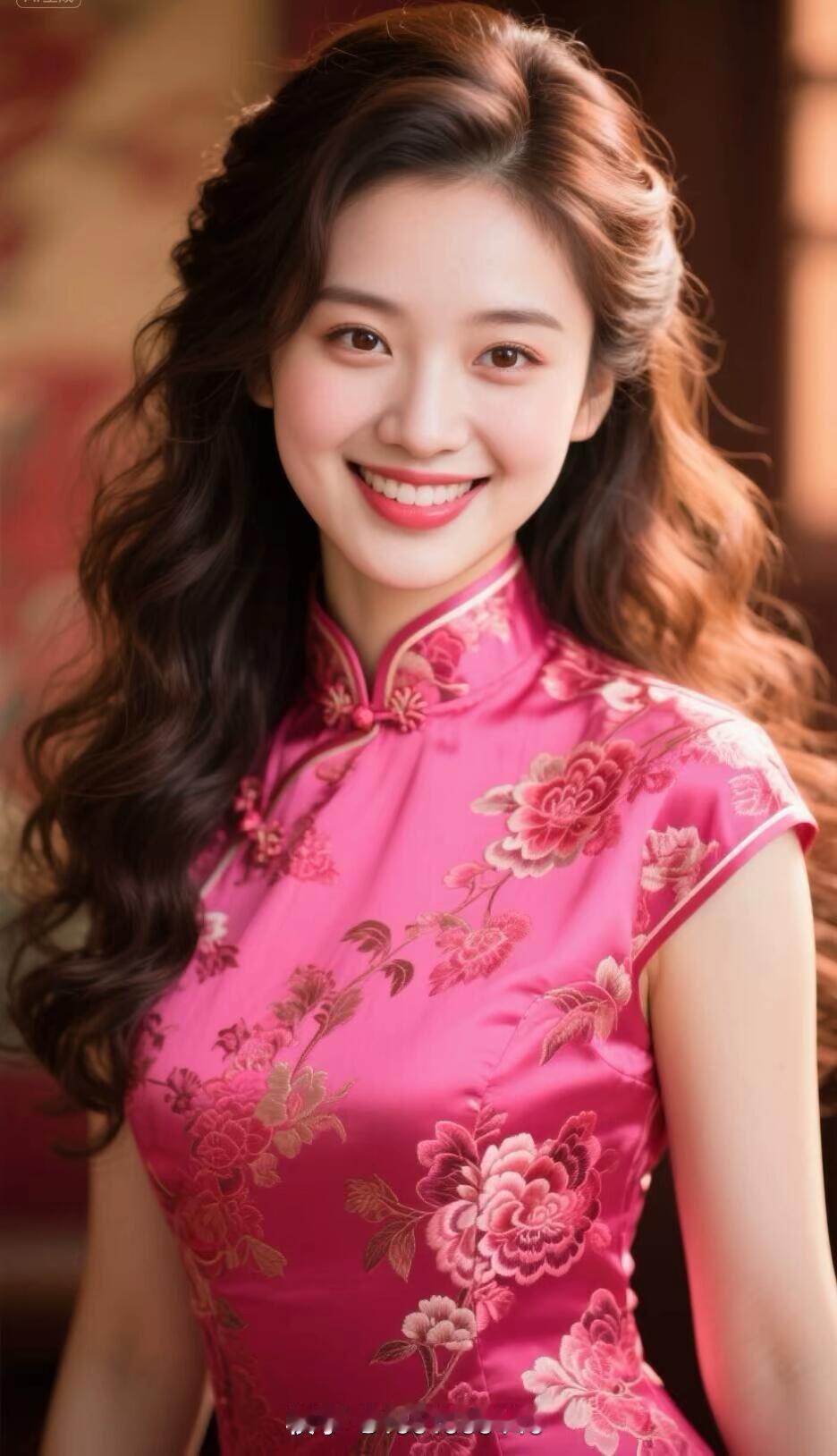 惊艳的粉色旗袍，甜美笑容，复古优雅，气质满分！🌸💃