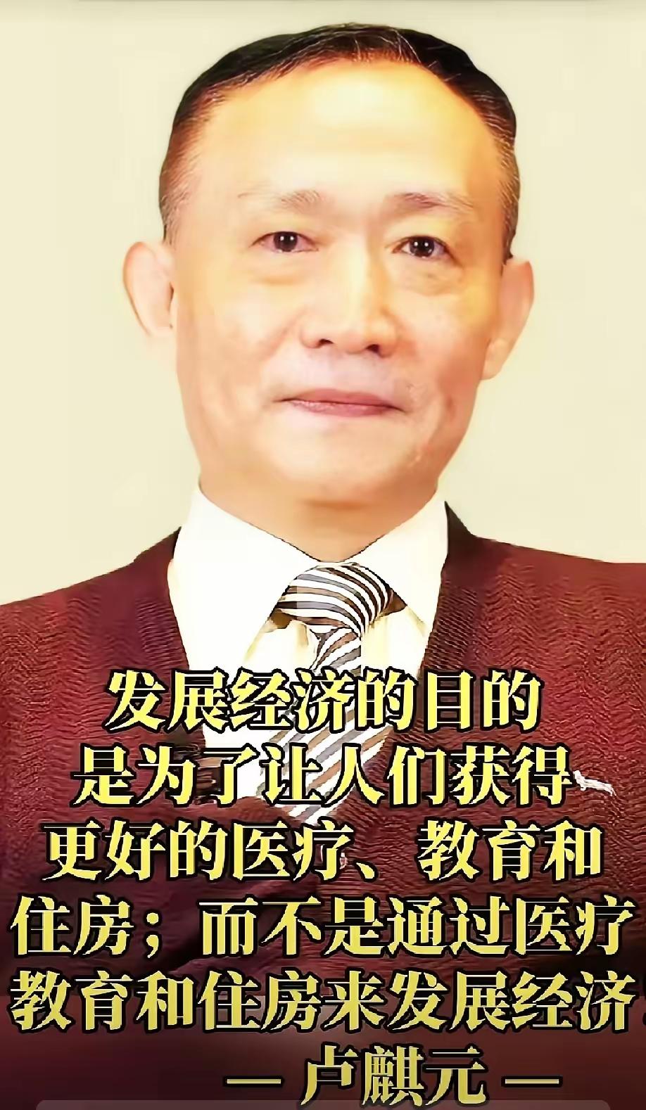 卢麒元一直反对把医疗、教育、住房这些民生领域过度资本化。他主张，经济发展不能偏离