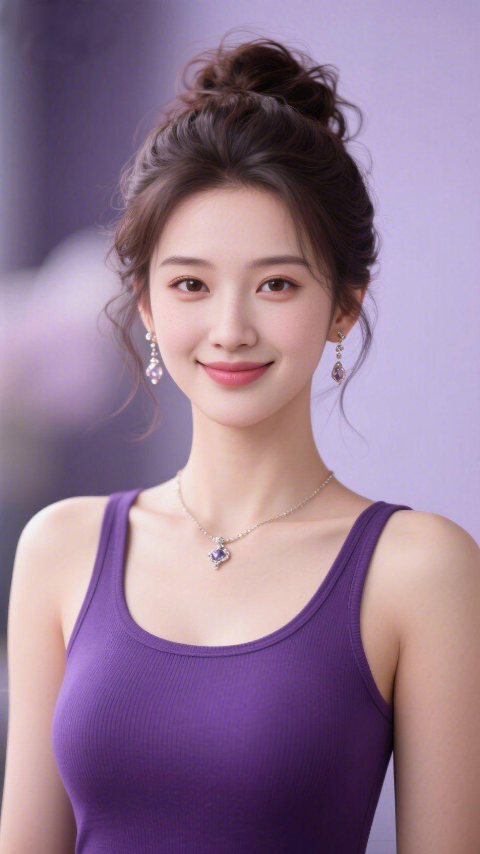 紫衣浅笑蕴温柔淡紫色的背景晕染开柔缓的氛围，她身着绛紫背心，蓬松的丸子头挽
