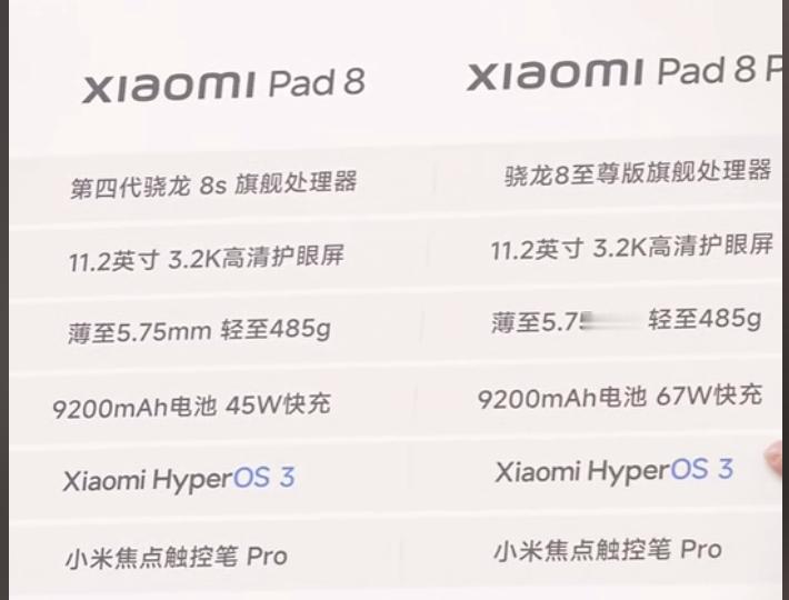 小米平板8和8Pro的配置表出来了，这次是8SGen4和骁龙8E，电池920
