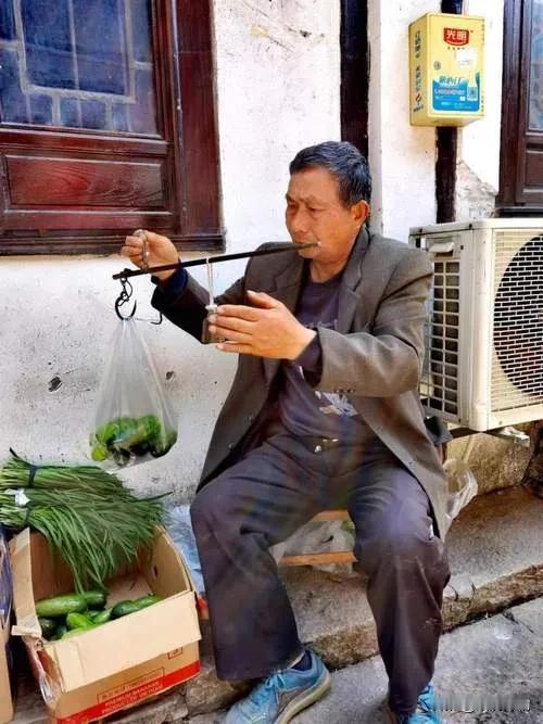 今天在菜市场转悠时，撞见一位大爷弓着身子蹲在角落卖自家种的青菜。他面前摆着几捆菠
