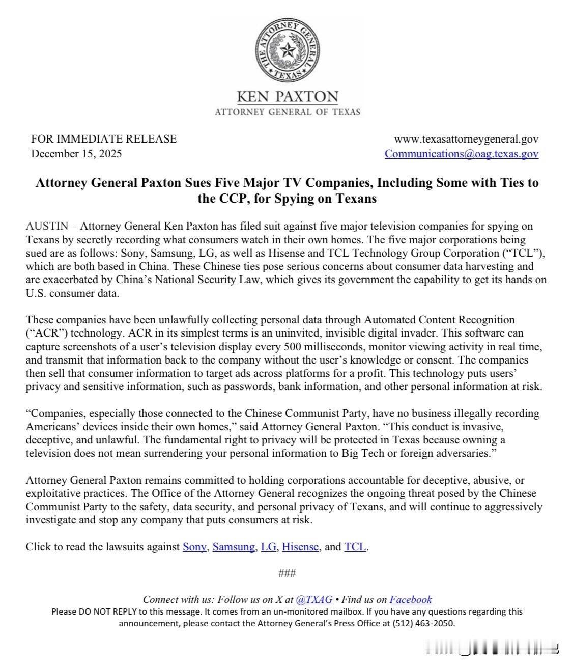 根据德克萨斯州总检察长博克斯顿在社交媒体上的贴文，他要起诉东大的电视机公司，表示