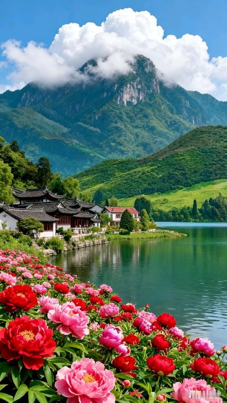 世外桃源，山水如画，花海映湖畔，人间仙境。人间仙境美如画仙境风光