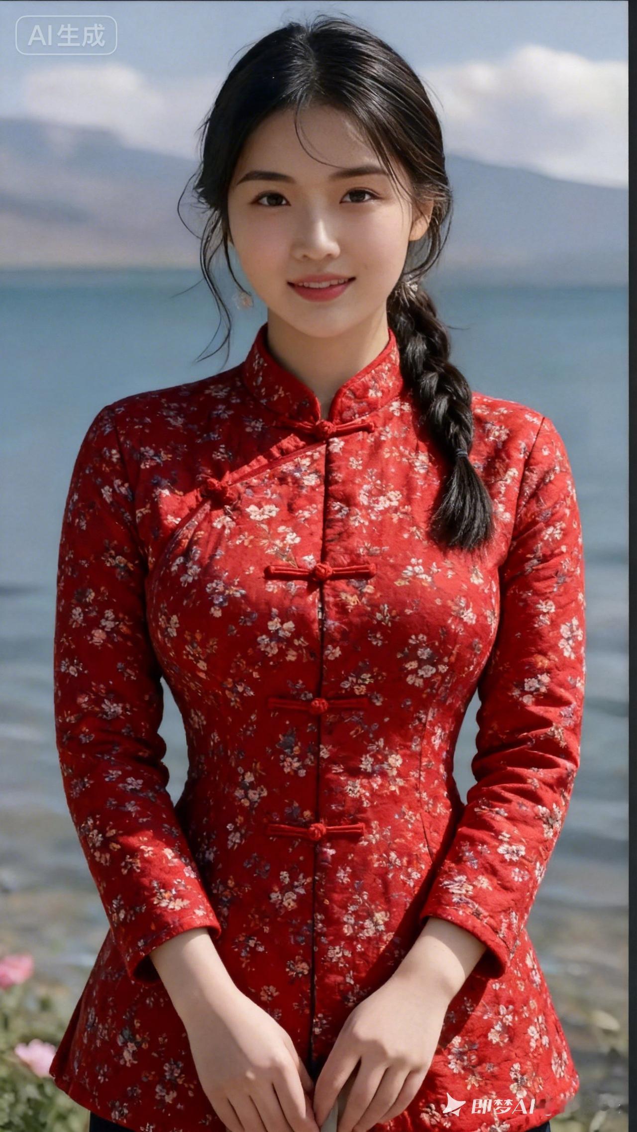 古风少女与山水相映，红衣花影动人！