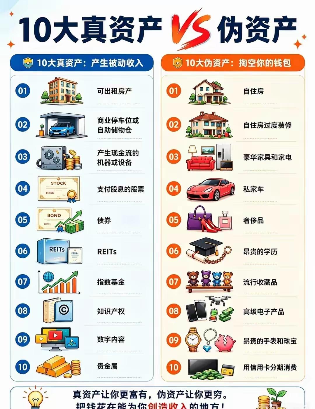 真资产是用来挣钱的，伪资产是挣了钱后享受的，要是没有伪资产，辛辛苦苦挣了钱干什么