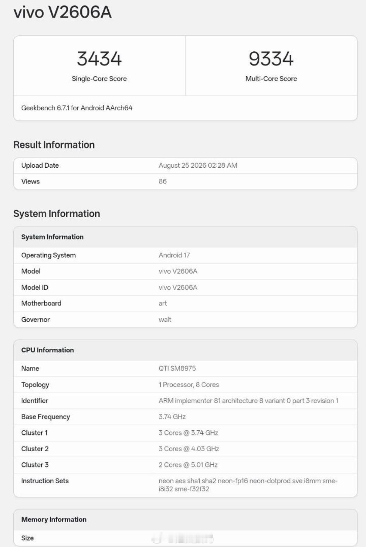 iQOO16在GB6数据库露出，单核3434，多核9334搭载的骁龙8Eli
