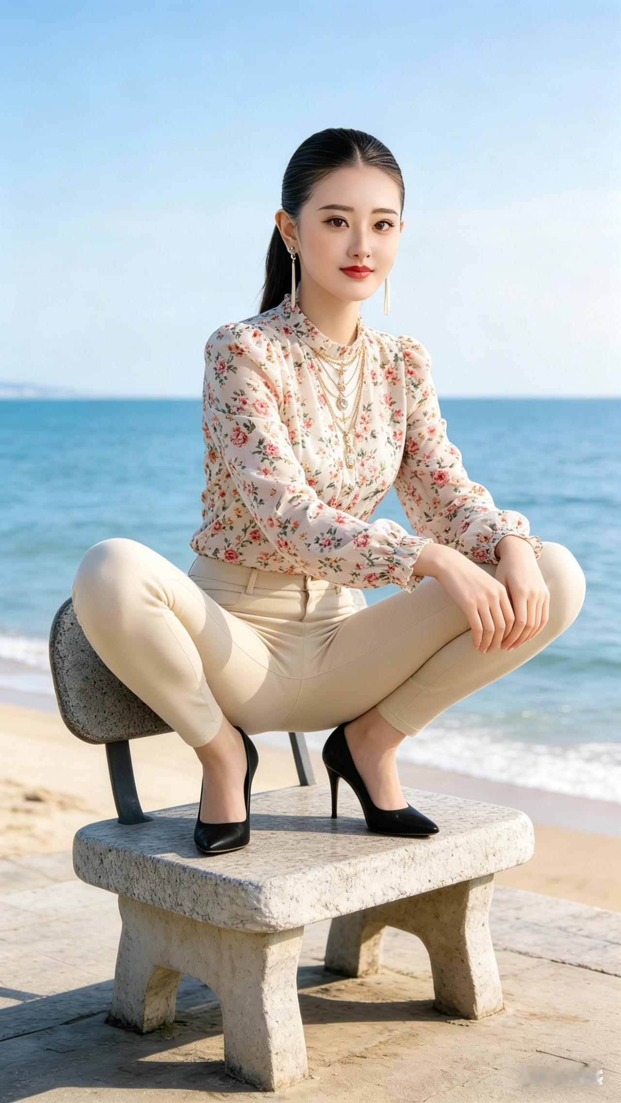 海边休闲时光，优雅穿搭，轻松自在海边穿搭风格姿势各异，你觉得那种姿不雅？